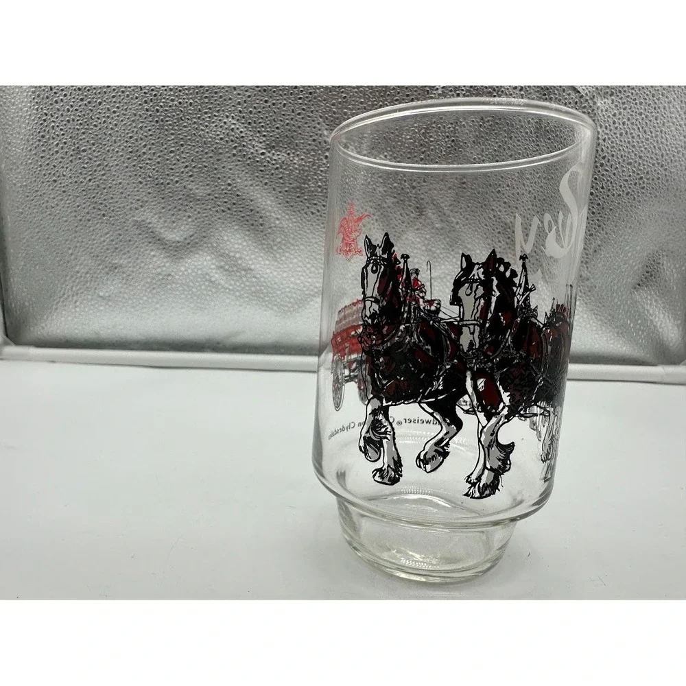 Vintage Budweiser Champion‎ Clydesdales Beer Glass Spivey Graphic Clear 16oz